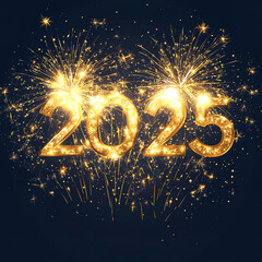 Hello 2025 greeting card design. Happy New Year 2025 text with realistic festive fireworks explosions isolated on dark background. Congratulation banner Generative AI	
