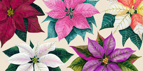Colorful Watercolor Poinsettia Flowers Christmas Holiday Floral Design