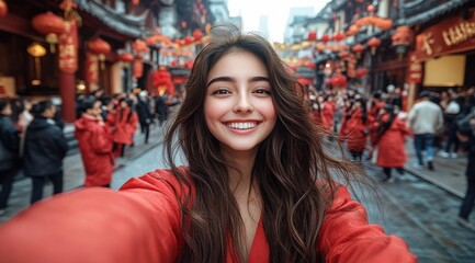 Fototapeta premium beautiful Chinese girl with long brown hair, wearing red clothing