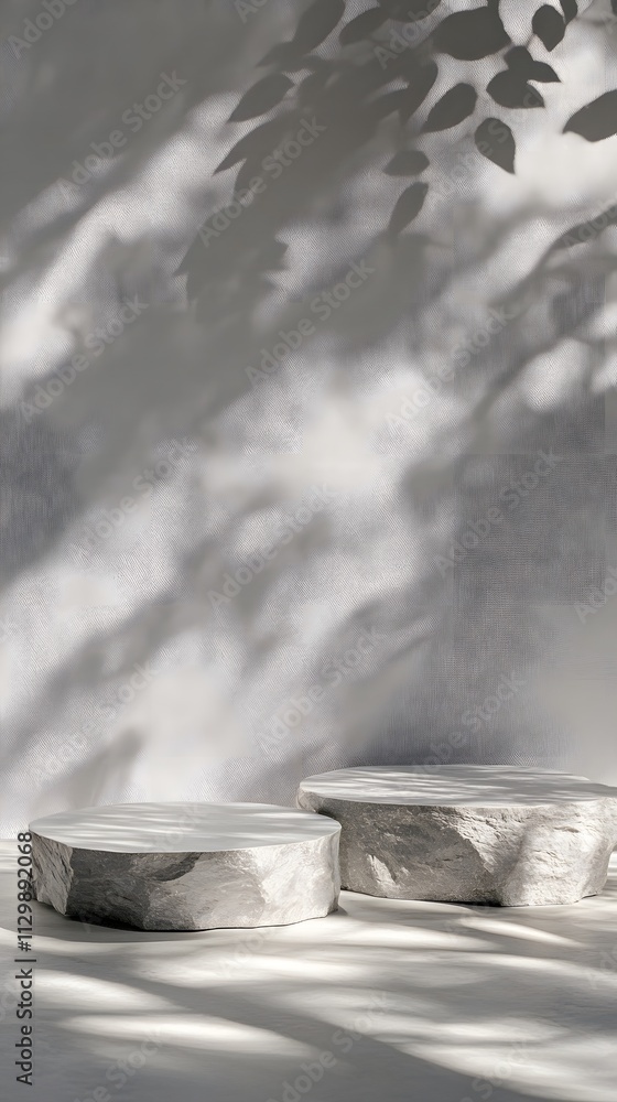 Poster a minimalist scene featuring circular stone tables casting shadows on a light wall.