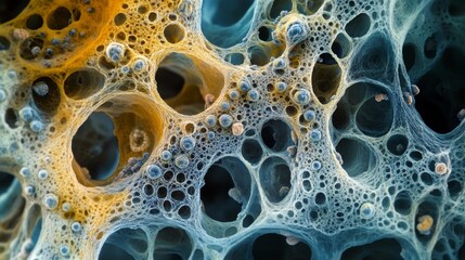 A detailed abstract rendering of an organic structure resembling a network of bubbles. The image features earthy tones and intricate details, evoking a natural yet surreal atmosphere, perfect for sci