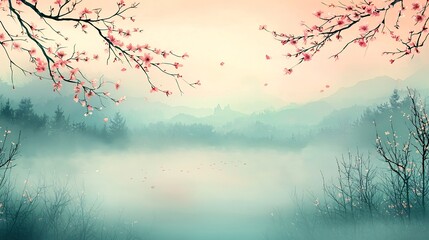 Misty Spring Landscape with Pink Cherry Blossoms and Foggy Mountain Scenery