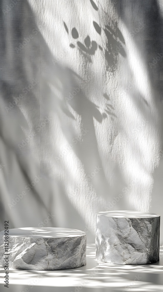Poster a minimalist scene featuring two cylindrical objects with soft shadows and light play.