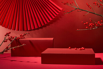 Chinese New Year idea, with a close-up angle of red rectangular podiums that are empty for placed...