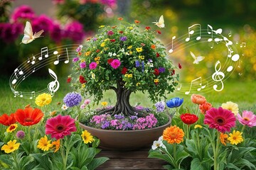 Fototapeta premium Vibrant Mind Garden Promoting Mental Wellness and Self-Care through Colorful Blooms and Soothing Sounds