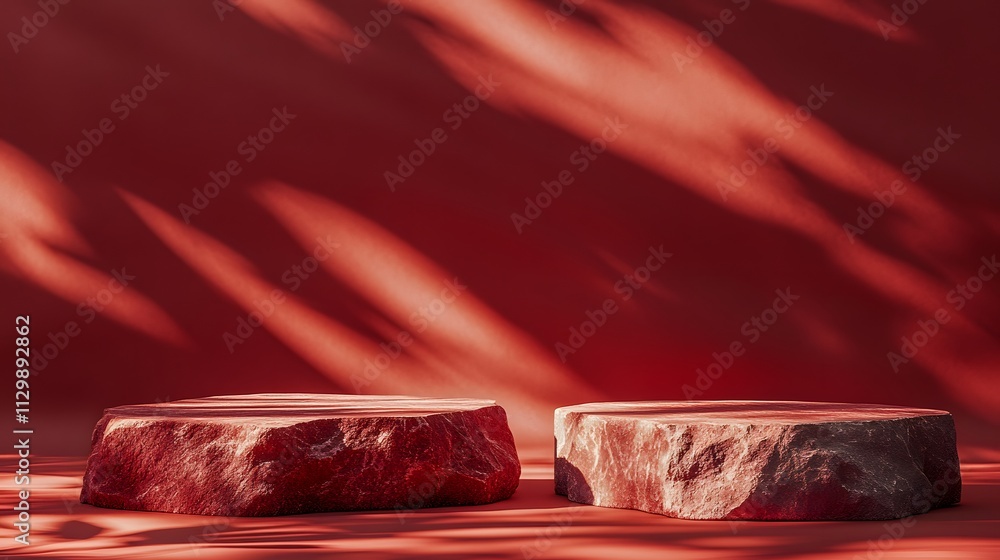 Poster a minimalist scene featuring two stone-like structures against a red backdrop.