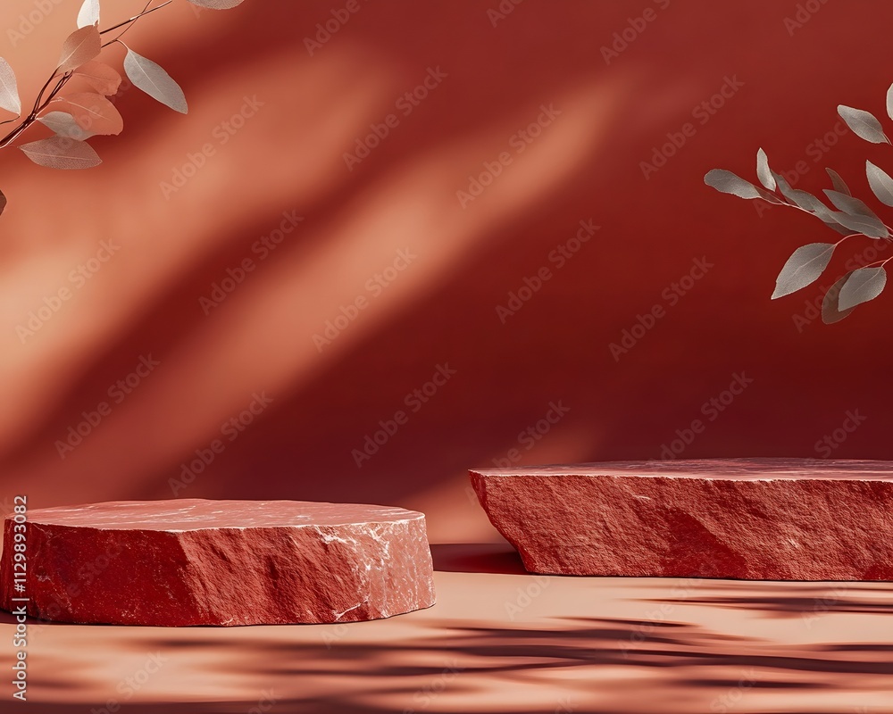 Poster a minimalist scene with red stone platforms and soft shadows against a warm backdrop.