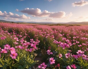 A field of pink wildflowers swaying gently in the breeze with a sunny sky above, plants, landscape, nature