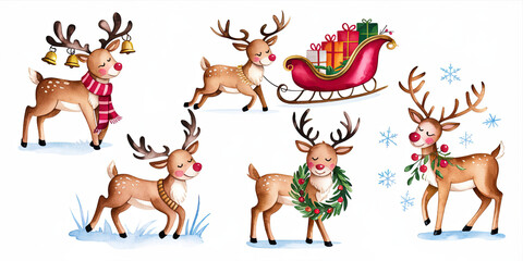 Fototapeta premium Cute Reindeer Christmas Set Watercolor Illustrations of Holiday Deer