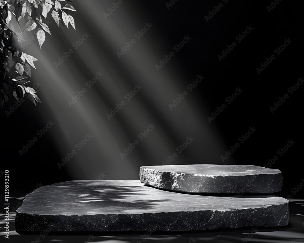 Aufkleber a minimalist scene with two stone slabs illuminated by soft light and shadows.