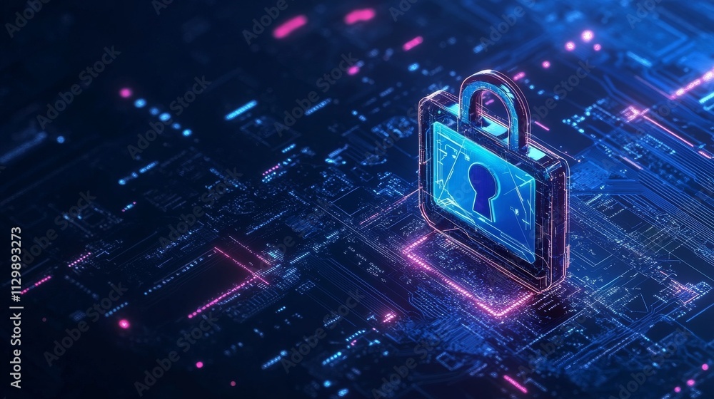 Poster a glowing lock icon on a digital circuit board background, symbolizing cybersecurity, encryption, an