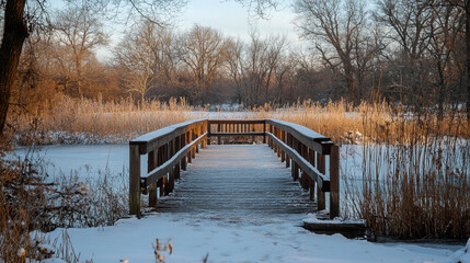 Obraz premium Snow-covered wooden bridge surrounded by trees and reeds during Christmas season