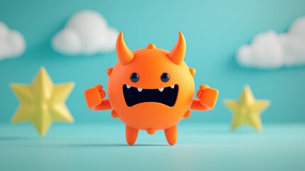 A playful orange monster character with horns, standing against a blue background with clouds and stars, exuding a fun and whimsical vibe.