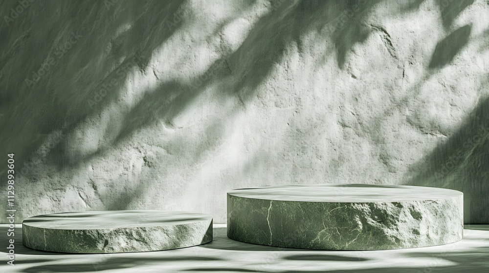 Poster a minimalist setting featuring two circular stone platforms against a textured wall.