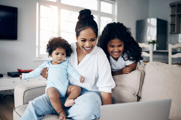 Mother, kids and laptop for series in home, streaming cartoon and watching comedy in lounge. Mama,...