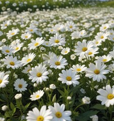 Fototapeta premium A lush collection of white flowers in a field, blooming, green grass, delicate