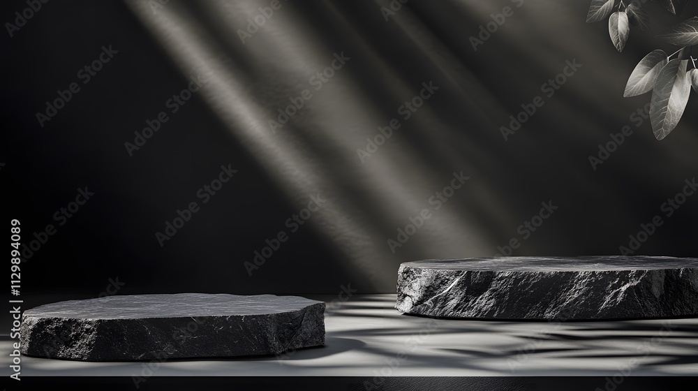 Poster a minimalistic display featuring dark stone slabs with soft lighting.