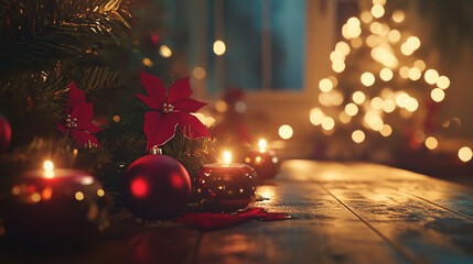 Warm Christmas lights illuminate decorations and candles in a cozy living room setting