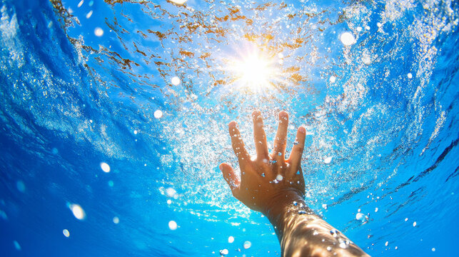Close up of swimmer hand entering water, creating splashes and bubbles, with sunlight reflecting on surface, evoking sense of freedom and adventure