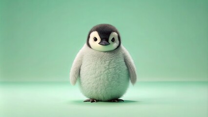 Adorable Fluffy Penguin Chick on Mint Green Background
