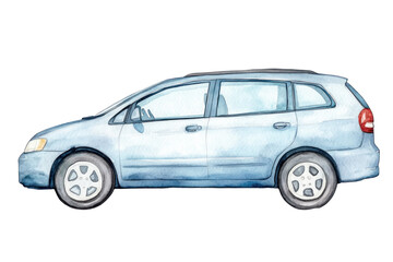 Watercolor Illustration of Blue Minivan Vehicle