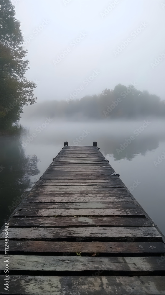 Poster a misty dock extending over a calm lake, surrounded by trees in a serene atmosphere.