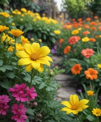 A single bright yellow flower peeking out from behind other flowers in a vibrant garden, garden, yellow flower, nature