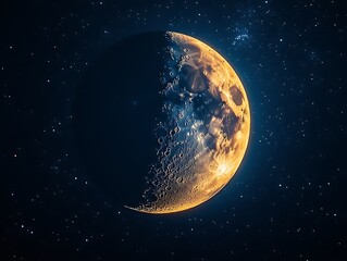 Naklejka premium Golden Crescent Moon Amidst Distant Stars