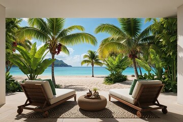 Fototapeta premium Serene Lifelike Tropical Paradise with Exotic Palm Fronds at a Beach Retreat