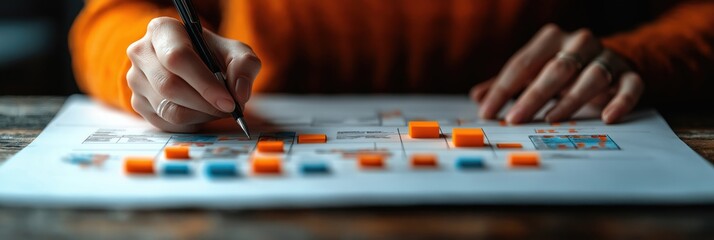 Business leader analyzes customer journey map. Person studies service delivery improvements. Identifying pain points, opportunities. Using colored blocks for marking. Planning better customer