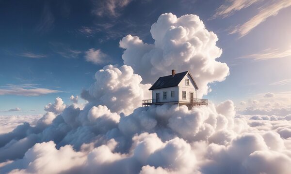 A small house floats in the air on a large white cloud with a few wispy clouds around it, cloudy, whimsical