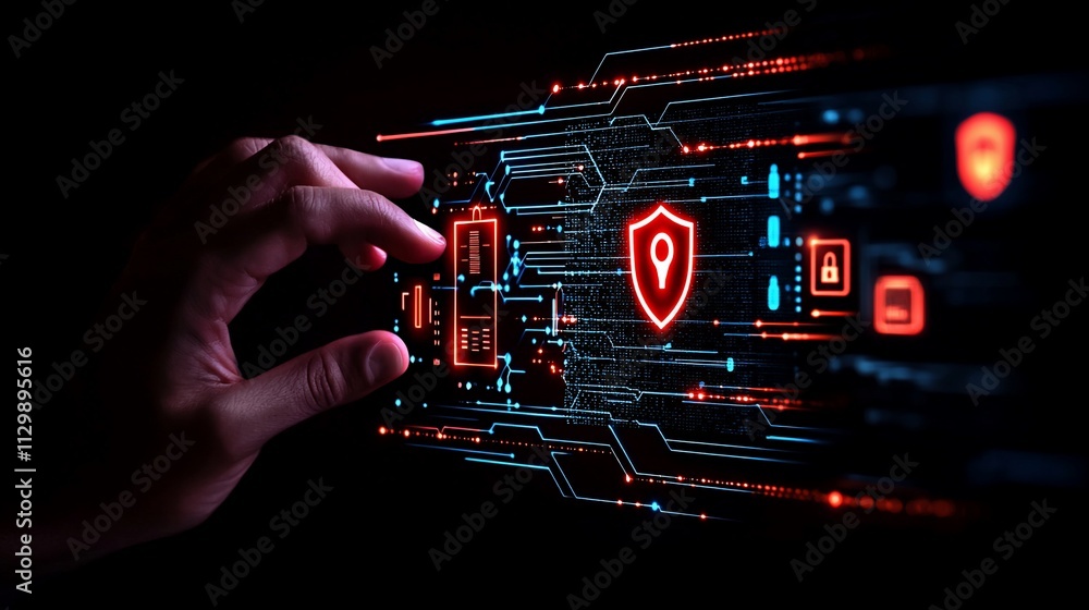 Poster hand interacting with digital security shield interface.