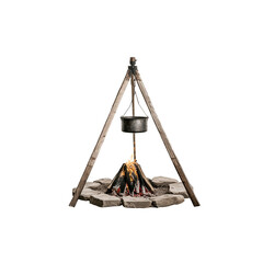 Photo of an old wooden easel For cooking over an open fire with a pot hanging on it Isolated on a white background