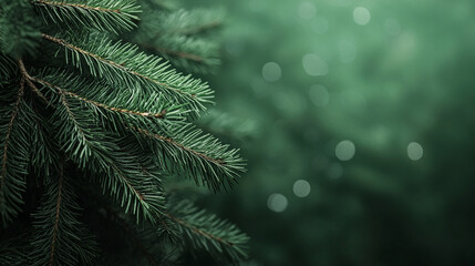 Christmas tree branches create a festive atmosphere with green hues and soft bokeh lights