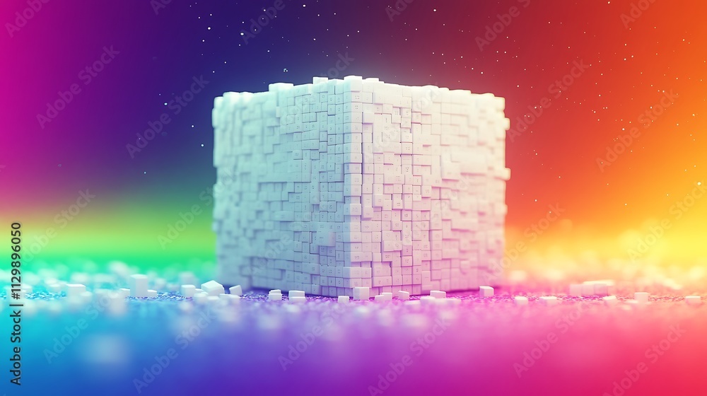 Poster abstract white cube structure on colorful background.