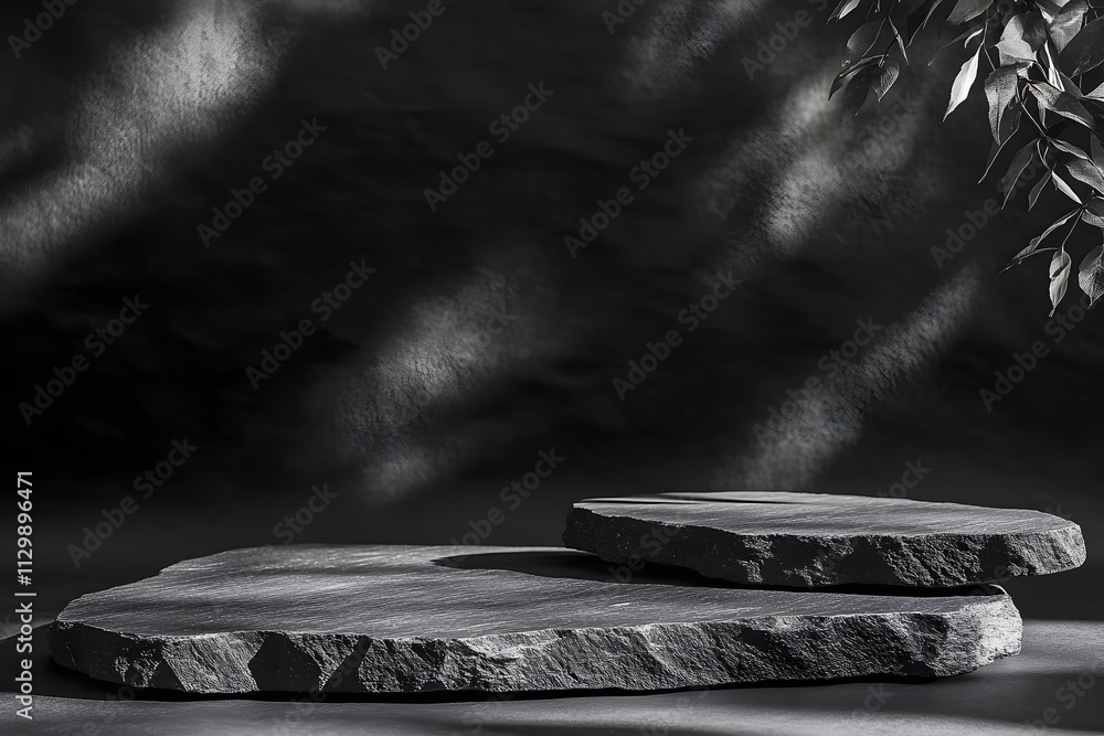 Aufkleber a monochromatic arrangement of two textured stone slabs with soft light and shadows.