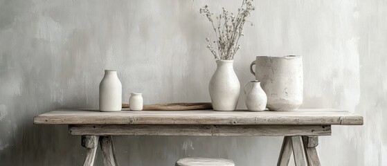 Rustic Wooden Table Displays White Pottery and Dried Flowers