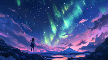 Fototapeta premium Beautiful aurora in the nothern sky above the mountain. Aurorae. Illustration