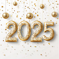 Hello 2025 greeting card design. Happy New Year 2025 text with realistic festive fireworks explosions isolated on white background. Congratulation banner Generative AI	