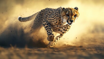 Fototapeta premium Cheetah Running Through Dust in a Golden Landscape