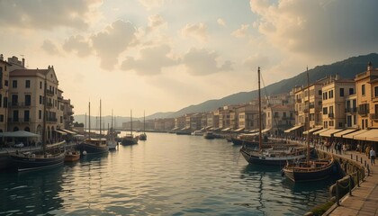 Fototapeta premium Golden Hour Serenity Over Coastal Town Harbor Boats
