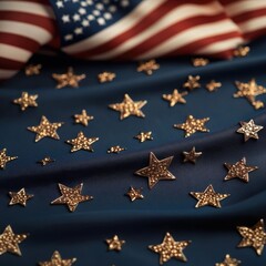 Close-up of golden stars embossed on a velvet blue background,