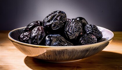A bowl of dark, glistening prunes sits on a wooden table.