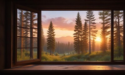 Cabin window overlooking a serene forest landscape at sunset, peaceful, woods