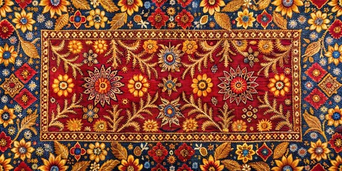 Intricate Floral Tapestry Featuring a Rich Red and Gold Central Motif