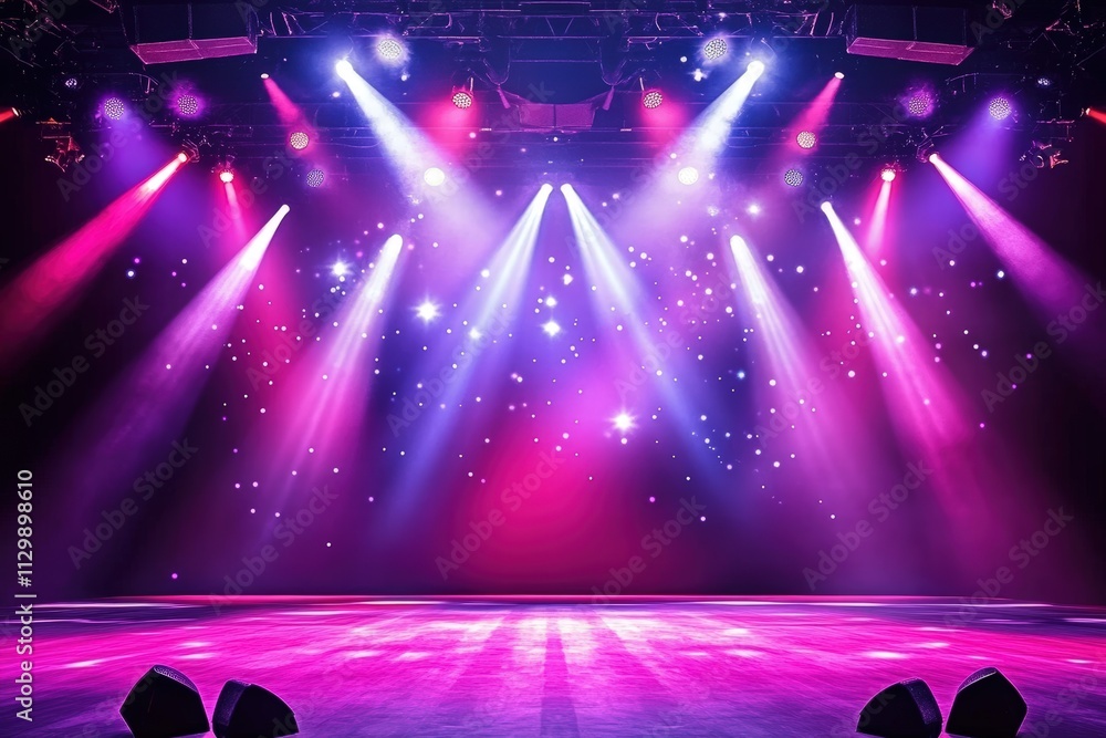 Poster vibrant stage lights with spotlights shining down on an empty performance area ready for an event or