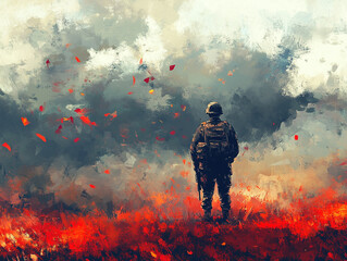 Fototapeta premium Soldier standing alone after the war in battlefield with smoke ai generated