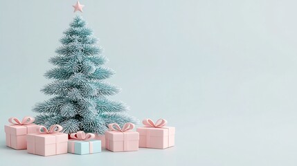 Elegant Winter Christmas Tree with Gifts and on Snowy Background