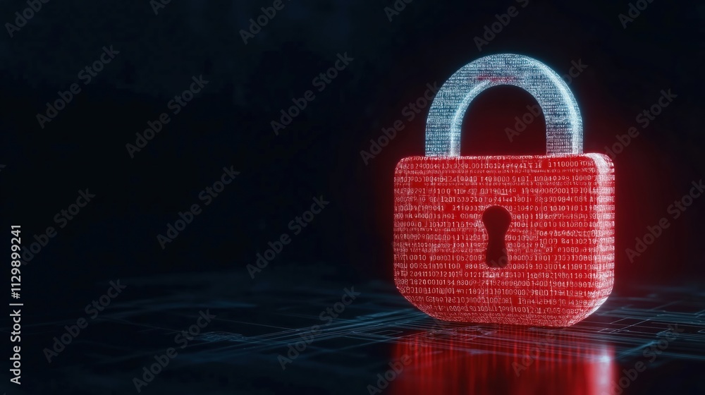 Poster abstract digital padlock displays binary code representing data protection, cybersecurity concept. r