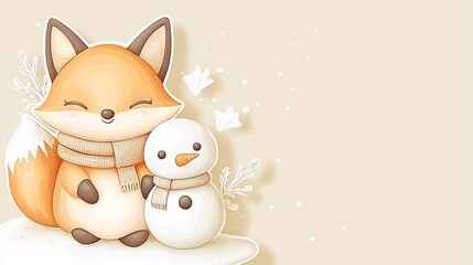 Cute Winter Fox and Snowman in Cartoon Style